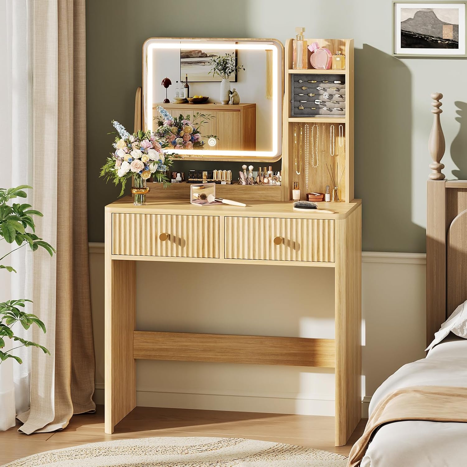 Fluted Vanity Desk with Mirror - đánh giá và giá Desk Drawer Small