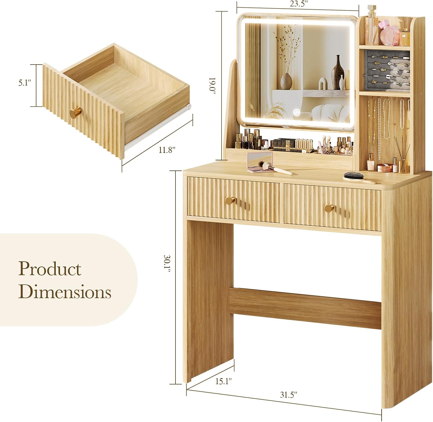 Fluted Vanity Desk with Mirror - đánh giá và giá Desk Drawer Small